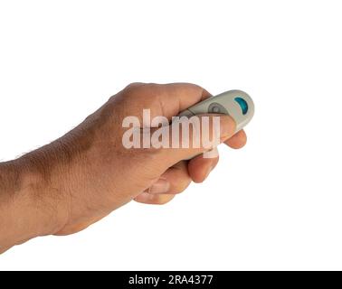 a male hand with the remote control isolated on a transparent background Stock Photo
