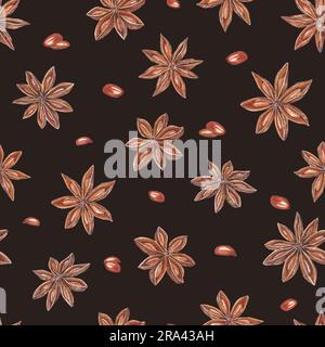 Watercolor seamless Christmas and New Year seamless pattern of star anises isolated on black background. Illustration with grains of spices. Stock Photo