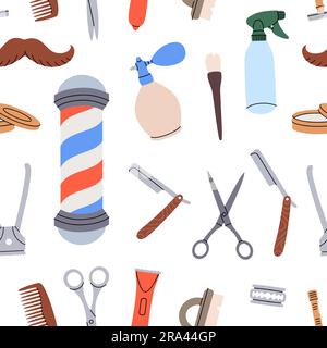 Barber shop pattern. Hairdresser seamless banner. Barber shop tools. Colored hairdresser tools background. Stock Vector