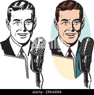 A vintage retro illustration of a man making an announcement into a microphone. Stock Vector
