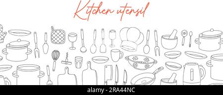 Kitchen utensils horizontal outline banner. Background for cooking design. Kitchenware and cutlery. Cooking tools and appliances, kitchenware, utensil Stock Vector