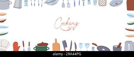 Kitchen utensils in horizontal banner. Kitchenware and cutlery line background. Ceramic plates, mug, cup, wineglass, frying pan, sieve, colander. Stock Vector