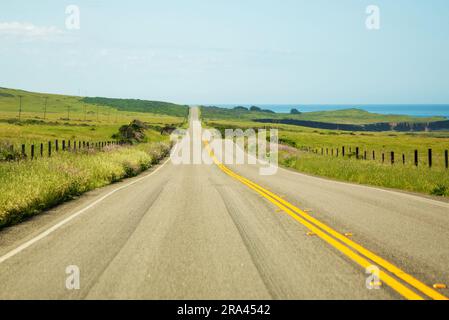Road stretches into the distance against the backdrop of green meadows and the sea. Asphalt road with a dividing strip goes into the distance. Tire tracks on a road stretching into the distance Stock Photo