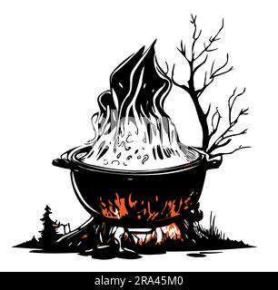 Witch cauldron on red fire in the forest hand drawn sketch Halloween Stock Vector