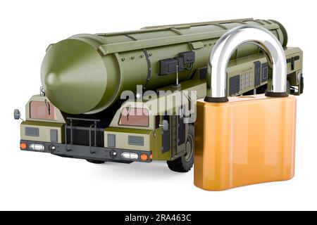 Scud missile, mobile short-range ballistic missile system with padlock. 3D rendering isolated on white background Stock Photo