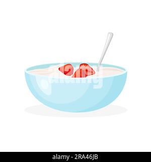 Cereal milk breakfast with strawberry. Rolled oats or crunchy cornflakes. Sweet healthy food. Vector illustration in trendy flat style isolated. Stock Vector