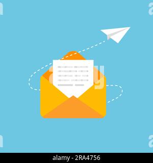 Email marketing and messaging. Concept of mail sending with paper plane. Flying envelope. Vector illustration in trendy flat style isolated. Stock Vector