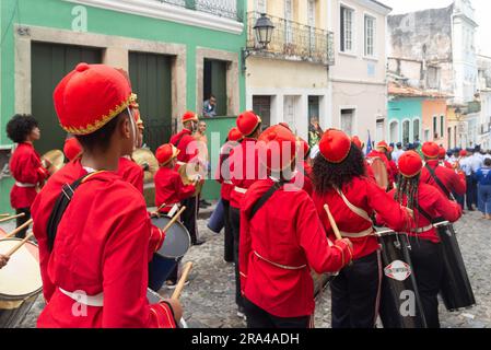 Salvador, Bahia, Brazil - July 02, 2022: School music band is seen during the Bahia Independence Day parade, at Pelourinho in Salvador. Stock Photo