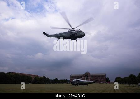 Marine One takes off carrying US President Joe Biden en route to Camp David, at Fort Lesley J. McNair in Washington, DC, USA. 30th June, 2023. President Biden will spend the weekend at Camp David and return to the White House on 04 July, Independence Day. Credit: Abaca Press/Alamy Live News Stock Photo