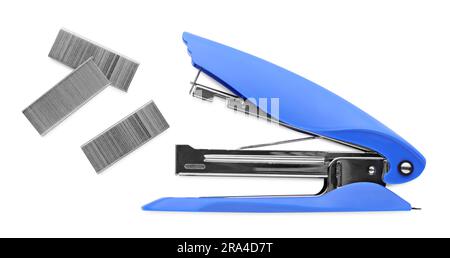 Bright blue stapler with staples isolated on white, top view Stock Photo