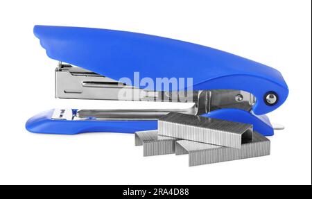 Bright blue stapler with staples isolated on white Stock Photo