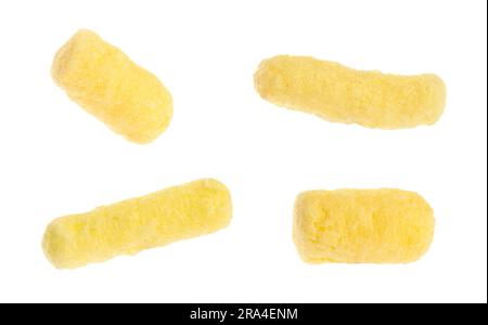 Collage with tasty corn sticks on white background Stock Photo