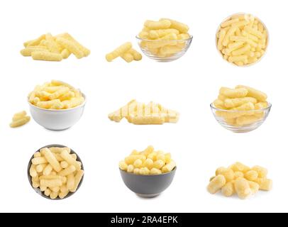Collage with tasty corn sticks on white background Stock Photo