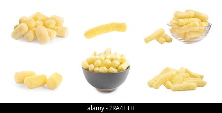 Collage with tasty corn sticks on white background Stock Photo