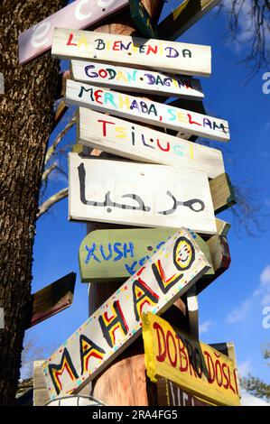 A group of signs at an exit of a business thanks their customers in many languages Stock Photo
