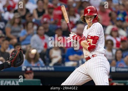 Philadelphia Phillies' Alec Bohm hits a two run home run during the seventh  inning of a baseball game against the Washington Nationals, Sunday, Sept.  11, 2022, in Philadelphia. (AP Photo/Laurence Kesterson Stock