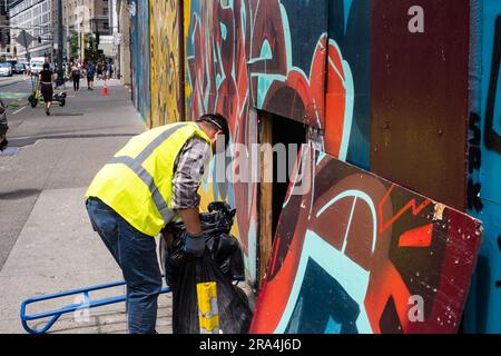 Seattle, USA. 22 Jun, 2023. Abandoned building clean up on 2nd and Pike street. Stock Photo