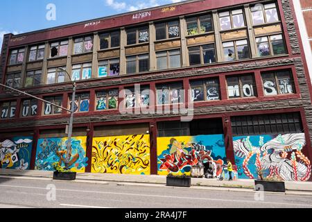 Seattle, USA. 22 Jun, 2023. Abandoned building clean up on 2nd and Pike street. Stock Photo