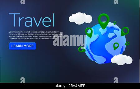 3d earth or globe with map markers or location pin icons, clouds, isolated on background. Banner concept with text and CTA for travel, booking, tour, resort, hotel, abroad. 3d vector illustration. Vector illustration Stock Vector