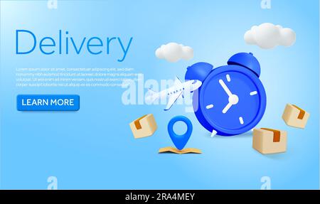 3d alarm clock with airplane, map marker or pin, cargo boxes, packages, clouds, isolated on background. Banner concept for delivery, shipping, export, import, logistics. 3d vector illustration. Vector illustration Stock Vector