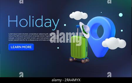 3d suitcase or luggage with beach hat, map marker or pin icon, cloud, isolates on background. Banner concept for travel, destination, vacation, resort, booking, beach. 3d vector illustration. Vector illustration Stock Vector