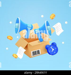 3d opened box or package with bullhorns or megaphones, loudspeakers, alarm clock, receipts or bills, coins, qr code. Concept for gift box, fast delivery, communication. 3d vector illustration. Vector illustration Stock Vector