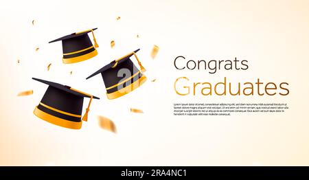3d flying graduation caps or hats, isolated on background. Banner template for university, diplomatic students, college, school, institute, congratulation, celebration. 3d vector illustration. Vector illustration Stock Vector