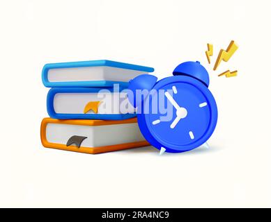 3d books with ringing blue alarm clock, isolated on white background. Concept for time to study banner, back to school, learning time, school time, go to class, course. 3d vector illustration. Vector illustration Stock Vector