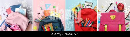 Collage with different school backpacks and stationery on colorful background, top view Stock Photo
