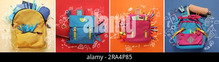 Different school backpacks with stationery on colorful background, top view Stock Photo