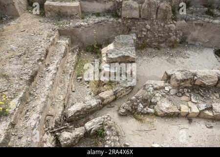section of the ancient Roman Bathhouse at Beit Guvrin park in Israel showing water channels made with limestone blocks Stock Photo