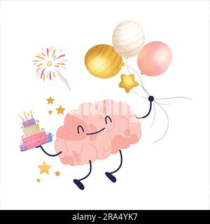 Happy brain with cake and balloons, birthday theme brain emoji, brain emoji celebrating watercolor vector Stock Vector