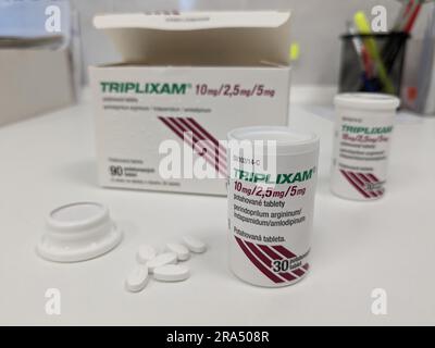 Prague,Czech republic-March 28 2024: box of TRIPLIXAM Czech medication with active substance combination Perindopril,Indapamid,Amlodipin, made by phar Stock Photo