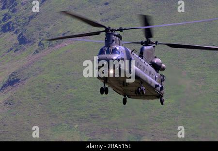 RAF Chinook carrying out low level training in Low Flying Area 7 Stock Photo