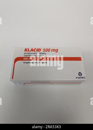 Pharmacy store- Klacid antibiotics  medicine in pill form in a box standing on a table in soft focus background.Clarithromycin,Czech republic Stock Photo