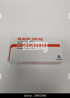 Pharmacy store- Klacid antibiotics  medicine in pill form in a box standing on a table in soft focus background.Clarithromycin,Czech republic Stock Photo