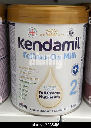 Kendamil infant milk displayed on the shelves in a pharmacy. Kendamil is UK-made baby milk, organic baby milk and goat formula,Czech republic,Europe Stock Photo