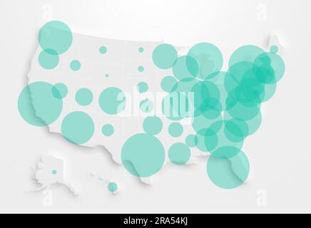 Map of the United States of America (USA, America) with turquoise transparent circles representing the population in each state. Stock Photo