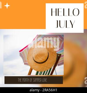 Composition of hello july text over sunhat and umbrella on beach in summer Stock Photo