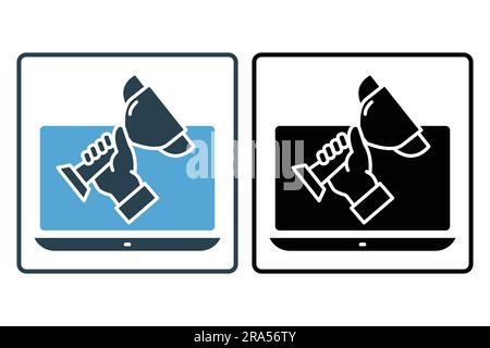 competition win icon. winner award ceremony, cup on the laptop. icon related to winner, success, victory. Solid icon style design. Simple vector desig Stock Vector