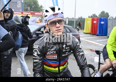 Schepdaal, Belgium. 01st July, 2023. Belgian Remco Evenepoel of Soudal Quick-Step pictured before the first edition of the R.EV Ride, Schepdaal, Dilbeek on Saturday 01 July 2023.The course of this tour follows Evenepoel's favourite training routes through the Pajottenland, the Flemish Ardennes and the Pays des Collines. BELGA PHOTO TOM GOYVAERTS Credit: Belga News Agency/Alamy Live News Stock Photo