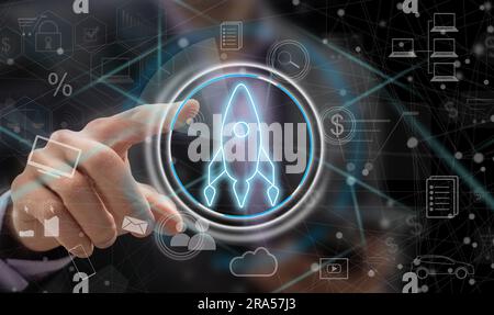 Start Up Business of Creative People Concept - Modern graphic interface showing symbol of entrepreneurship, fund, and project plan to start a new Stock Photo
