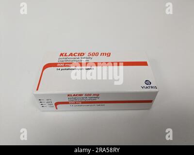 Prague,Czech republic – May 23 2023 : Pharmacy store- Klacid antibiotics  medicine in pill form in a box standing on a table in soft focus background. Stock Photo