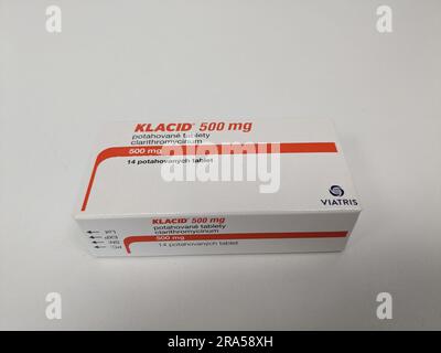 Prague,Czech republic – May 23 2023 : Pharmacy store- Klacid antibiotics  medicine in pill form in a box standing on a table in soft focus background. Stock Photo