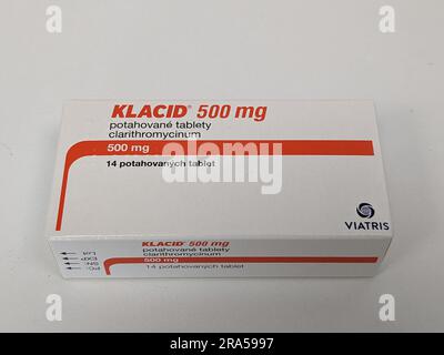 Prague,Czech republic – May 23 2023 : Pharmacy store- Klacid antibiotics  medicine in pill form in a box standing on a table in soft focus background. Stock Photo