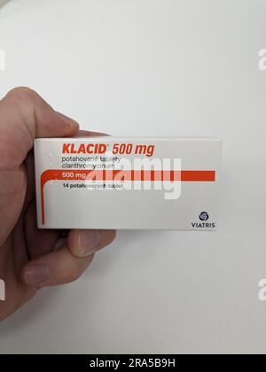 Prague,Czech republic – May 23 2023 : Pharmacy store- Klacid antibiotics  medicine in pill form in a box standing on a table in soft focus background. Stock Photo