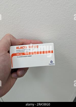 Prague,Czech republic – May 23 2023 : Pharmacy store- Klacid antibiotics  medicine in pill form in a box standing on a table in soft focus background. Stock Photo