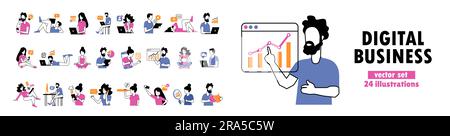 Set of vectors of various online business activities, people using mobile gadgets and computers to communicate Stock Vector