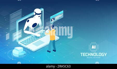 Vector of a young man using chat bot and artificial intelligence technology Stock Vector
