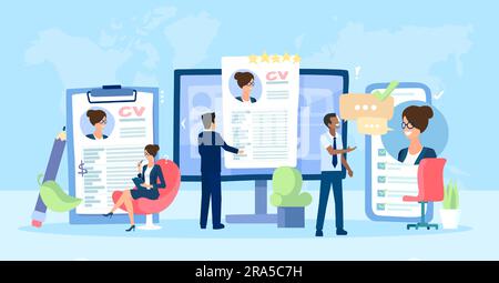 Hiring and job recruitment process concept. Vector set of HR manager searching for potential job candidates writing CV and applying for vacant positio Stock Vector